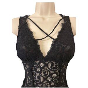 Black Lace Crisscross Plunge Bodysuit Lingerie* Forever 21*Nylon & Spandex*L*EUC